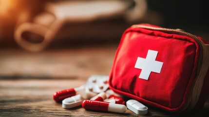 Classic red first aid kit with white cross on wooden table with medical supplies spilling out, sharp focus and natural lighting with copy space