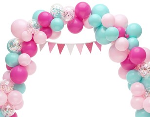 Festive balloon arch with pink, blue, teal balloons, interspersed with confetti-filled clear balloons. String of pastel pink triangular flags hangs below archway, adding to celebratory atmosphere.