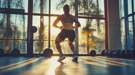 Fit woman with determined mood doing squats with dumbbells in modern gym with sunlight streaming through large windows