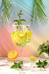 Mint alcoholic or non-alcoholic cocktail with lemon, lime and ice. Minimalistic concept for a bar, Spanish sangria recipe, advertising banner for a cafe. Modern still life with summer drinks