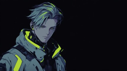 Stylish male anime character in futuristic attire.