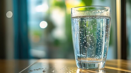 Close-up of glass of water with condensation droplets on wooden table against soft natural kitchen light with copy space