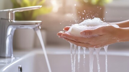 Close-up of person washing hands with soap under running water, soap bubbles visible, bright bathroom setting with soft natural light