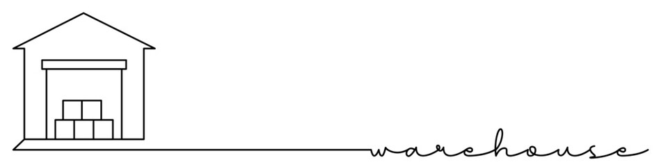 Obraz premium Warehouse service one line icon with caption. Continuous line drawing style. Footer, header. Vector illustration isolated on white background.
