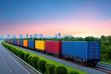 Fototapeta premium Vibrant Freight Train Passing Through Urban Landscape at Dusk