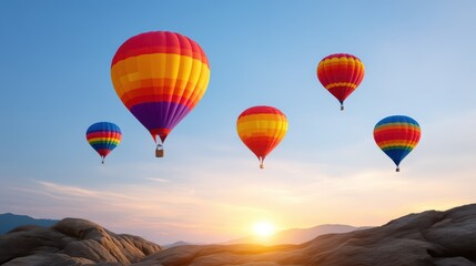 Obraz premium Colorful Hot Air Balloons Flying Over Scenic Landscape