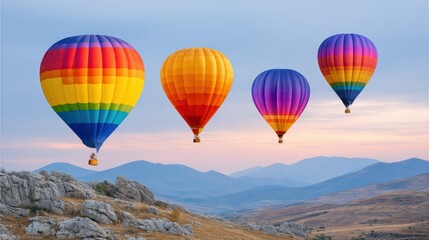 Obraz premium Colorful Hot Air Balloons Flying Over Scenic Mountains