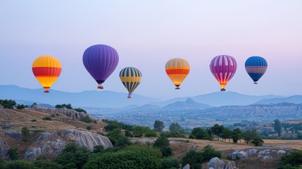 Naklejka premium Colorful Hot Air Balloons Flying Over Scenic Landscape