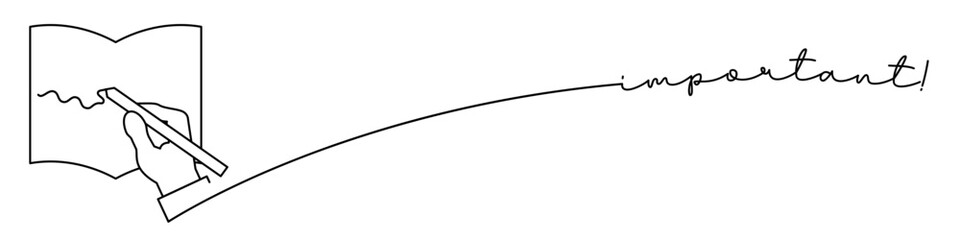 Hand writing a note one line icon with caption. Continuous line drawing style. Footer, header. Vector illustration isolated on white background.