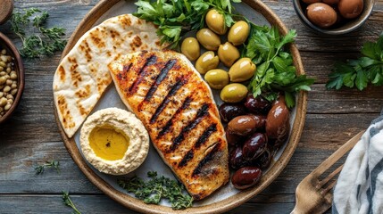 Top-down food photography of Mediterranean diet plate with grilled fish, olives, hummus, and whole wheat pita, elegant styling with copy space

