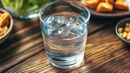 Top-down view of glass of water on wooden desk with healthy snacks, emphasizing hydration and well-being with copy space

