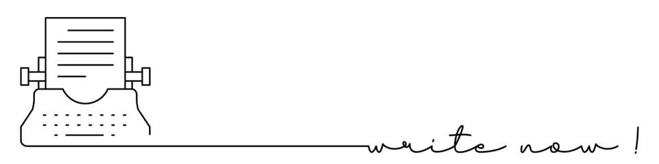 Write now one line icon with caption. Writer, typewriter with a sheet of paper, creativity, script or book. Continuous line drawing style. Vector illustration isolated on white background.