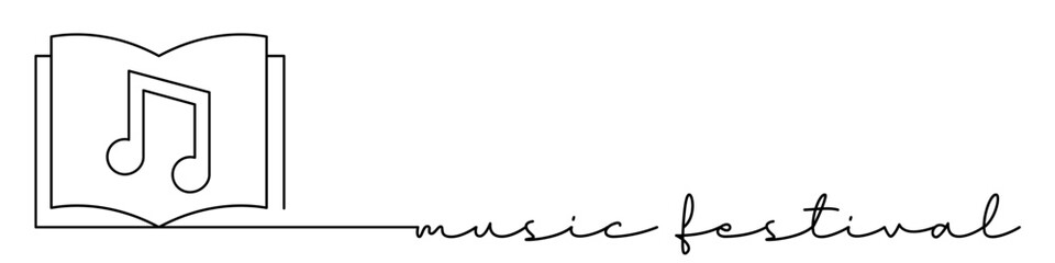 Musical notes, festival one line icon with caption. Continuous line drawing style. Footer, header. Vector illustration isolated on white background.