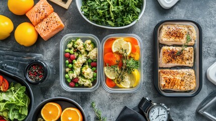 Top-down view of healthy meal prep containers with fitness watch and workout plan, lifestyle and fitness blog concept with copy space
