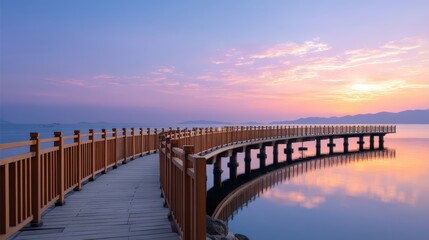 Obraz premium Serene Sunset Over Curved Wooden Bridge in Tranquil Landscape