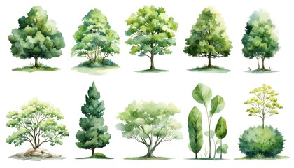 Fototapeta premium Watercolor illustration set features diverse botanical landscape design elements. Includes various tree icons, foliage clusters, organic canopy shapes in soft gradient greens. Perfect for aerial