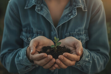 Hands holding a young seedling with soil, symbolizing growth and care for nature.