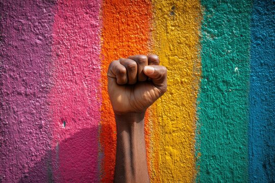 Raised fist, LGBTQ+ pride wall, protest, activism