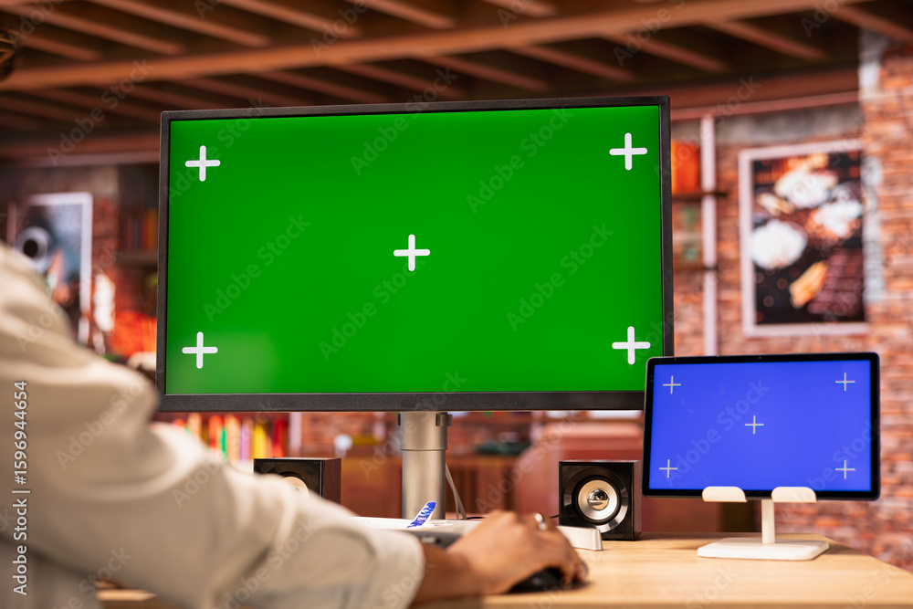 Poster student at home desk browsing websites on isolated screen computer and tablet, doing homework. close