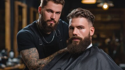 Two bearded men in a traditional barber shop setting. A skilled barber in an apron stands while styling the beard and hair of a male client seated for grooming service.