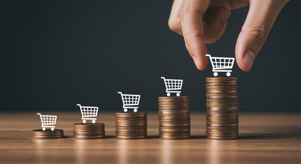 Hand placing shopping cart icon atop growing stacks of coins; e-commerce, financial growth, retail sales, business success, investment concept; dark background.