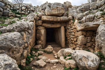 Naklejka premium Ancient subterranean dwelling with a stone gateway