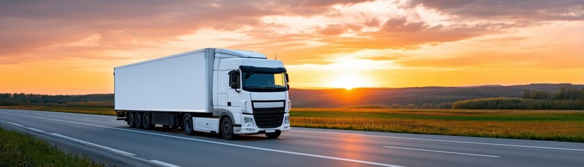 Sunset View of Truck Driving on Open Road in Landscape