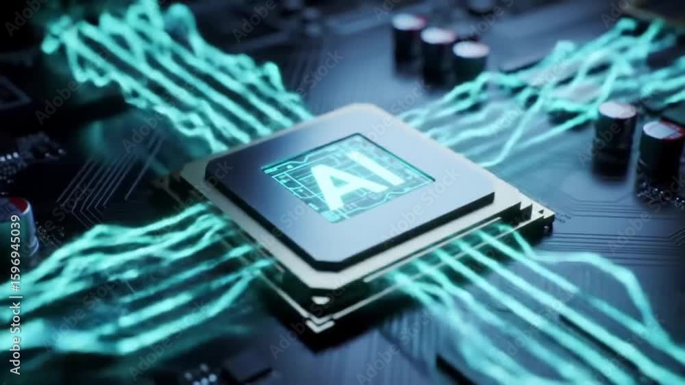 Poster brilliant ai processor locked to cyber motherboard with pulsing power lines