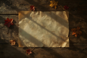 Vintage parchment with dried leaves on a wooden table.