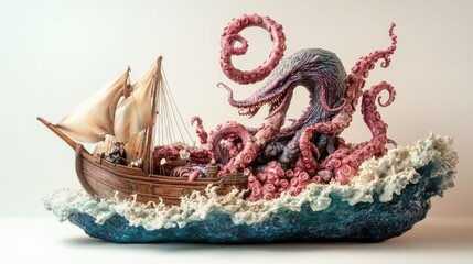 Kraken attacks sailing ship, epic ocean battle scene.