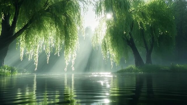 Sunbeams filtering through weeping willows over a tranquil river