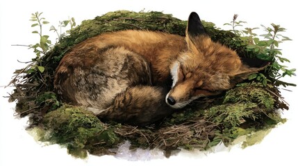 Sleeping fox in a nest