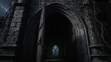 Dark stone castle entrance with open doors revealing trees inside lightning in background - Powered by Adobe