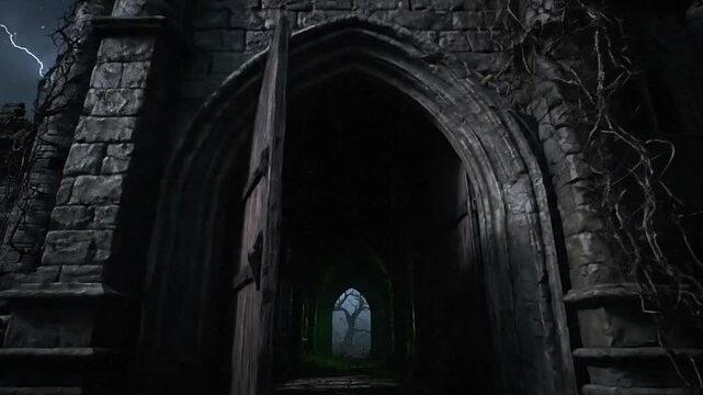 Dark stone castle entrance with open doors revealing trees inside lightning in background