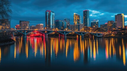 Fototapeta premium Night city skyline bridge reflection vibrant lights