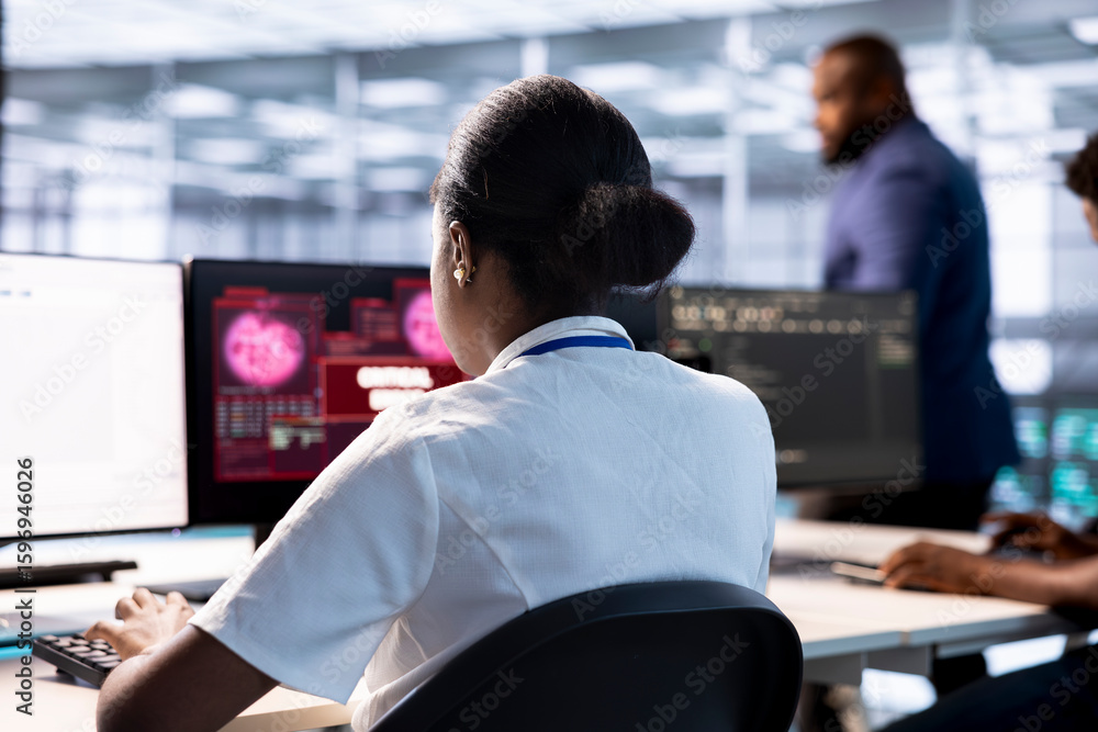Poster server farm it professional trying to protect hardware from hacker attack stealing info. woman in da
