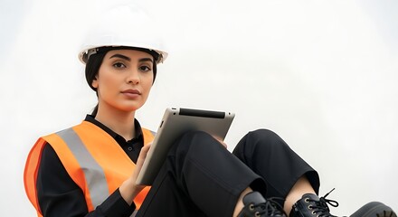Female Construction Worker Inspecting Site Using Tablet and Wearing Safety Vest and Hard Hat