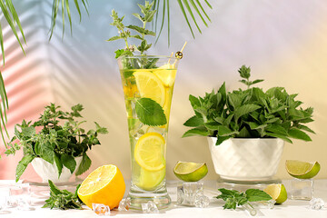 Mint alcoholic or non-alcoholic cocktail with lemon, lime, mint and ice. Modern still life with...
