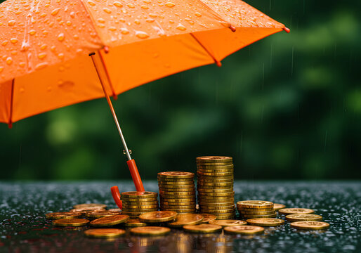 Orange umbrella protecting stacks of gold coins from rain; financial security concept; rainy day savings; wealth preservation; investment protection.