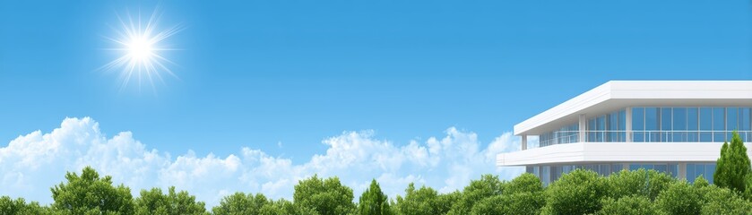Bright Modern Building Amidst Lush Greenery and Clear Sky
