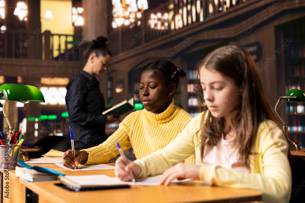 Poster young students filling their class notes and solving theoretical exercises in a library, showcasing 
