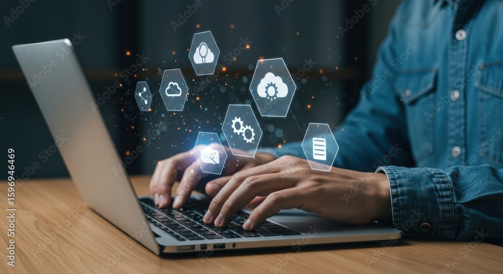 Poster digital transformation concept person interacting with futuristic technology and cloud computing ico