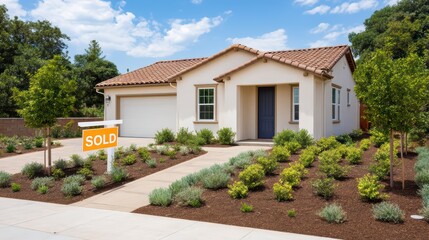 Charming single family home with sold sign and landscaping