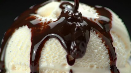 Close-up of chocolate syrup dripping over vanilla ice cream