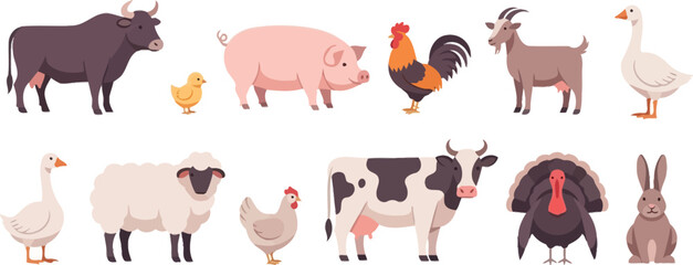 A collection of farm animals including cows, pigs, chickens, sheep, and other livestock animals