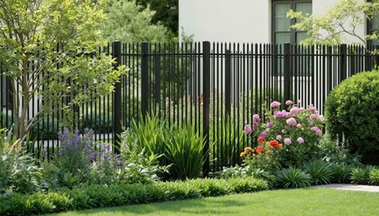 Sleek black aluminum fence creates minimalist boundary for garden with colorful roses, green foliage. Vertical metalwork defines property line, offering contemporary garden design for residential