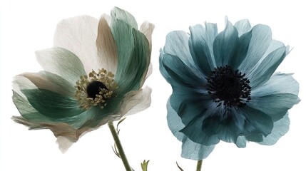 Two delicate, stylized anemones in muted teal and cream