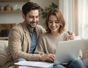 Young couple, new homeowners, manage finances using laptop. Smiling woman, man review documents for taxes banking at home. Wireless technology, online banking facilitate financial planning together.