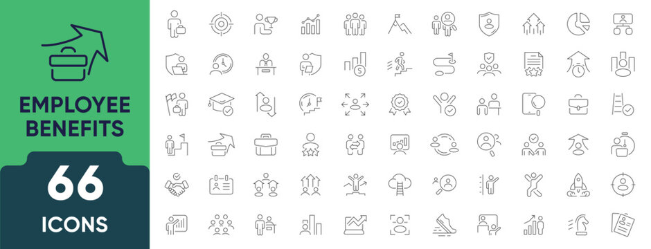 Employee Benefits Line Icon Set. Set of 66 outline icons including health insurance, bonuses, vacation, wellness, retirement plans, perks, and support. Editable stroke. Linear vector illustration.