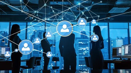 Silhouettes of business professionals in a blue-toned office, digital network overlay suggests technology and connectivity - Powered by Adobe